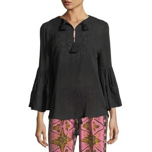 Figue Liza Bell Sleeve Blouse Embroidered Cotton-Gauze Top Black Size Small